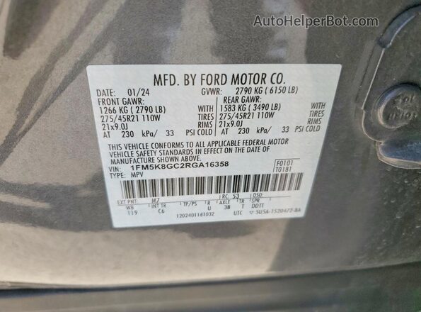 1FM5K8GC2RGA16358 2024 FORD EXPLORER Gray VIN կոդի պիտակի տեսք