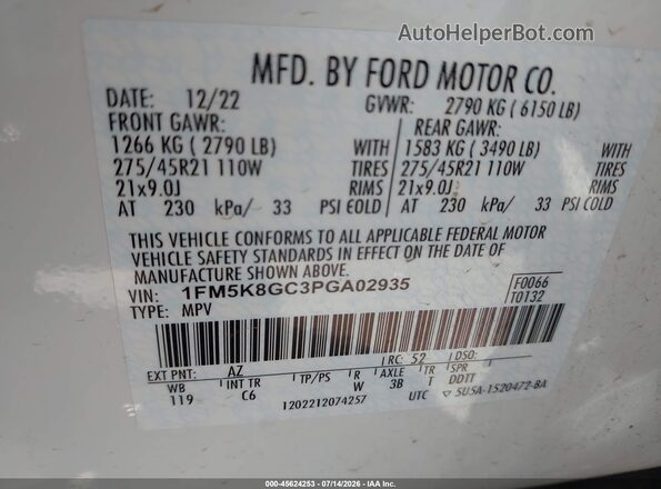 1FM5K8GC3PGA02935 2023 FORD EXPLORER White Vista del compartimento del motor