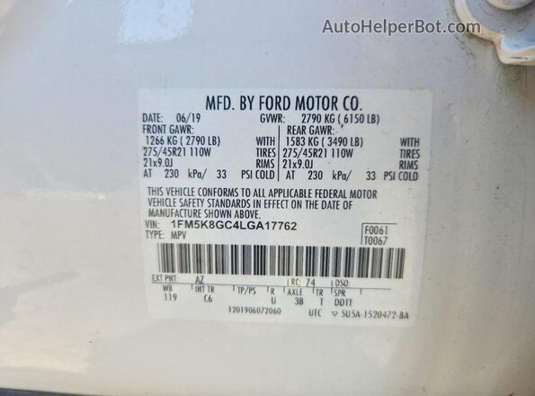1FM5K8GC4LGA17762 2020 FORD EXPLORER White Widok naklejki z numerem VIN