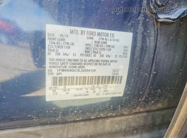 1FM5K8GC5LGA54139 2020 FORD EXPLORER Blue Widok naklejki z numerem VIN