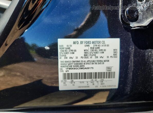 1FM5K8GC5MGA69175 2021 FORD EXPLORER Black Vista de la etiqueta del VIN