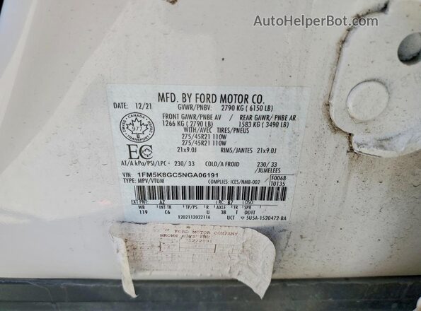 1FM5K8GC5NGA06191 2022 FORD EXPLORER White Vista interior de 360 grados