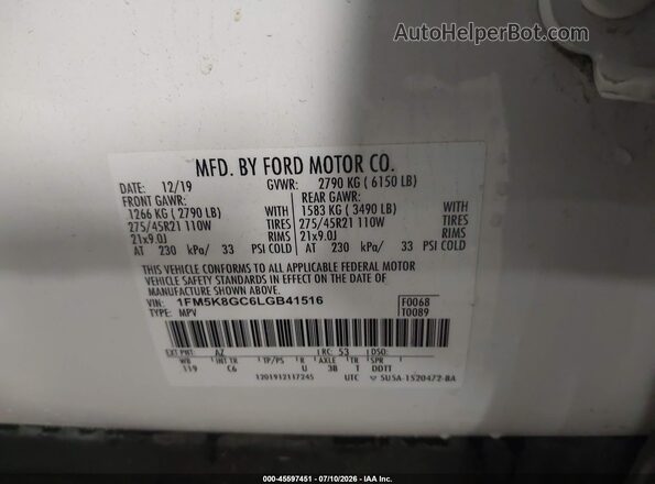 1FM5K8GC6LGB41516 2020 FORD EXPLORER White Vista del compartimento del motor