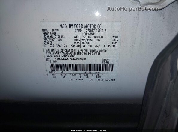 1FM5K8GC7LGA92858 2020 FORD EXPLORER White Vista del compartimento del motor