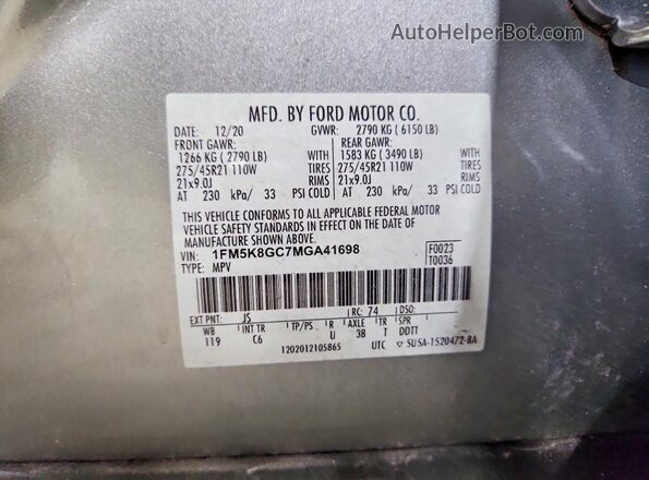 1FM5K8GC7MGA41698 2021 FORD EXPLORER Silver VIN კოდის სტიკერის ხედი