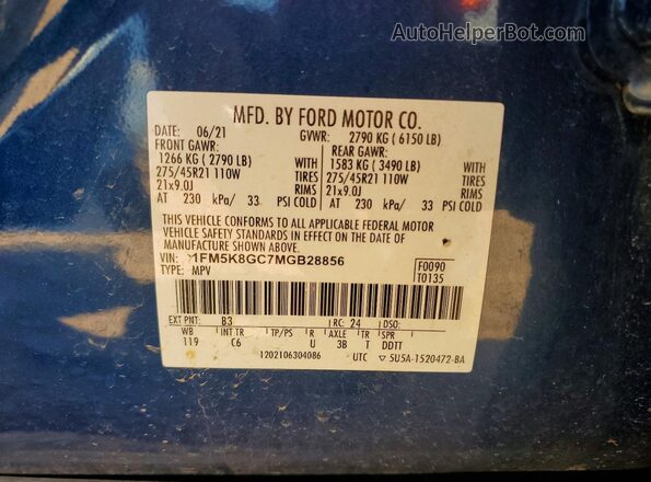 1FM5K8GC7MGB28856 2021 FORD EXPLORER Blue Вид наклейки з VIN-кодом