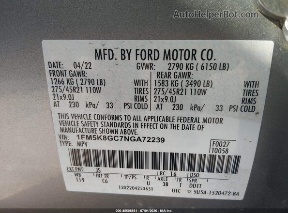 1FM5K8GC7NGA72239 2022 FORD EXPLORER Silver Vista del compartimento del motor