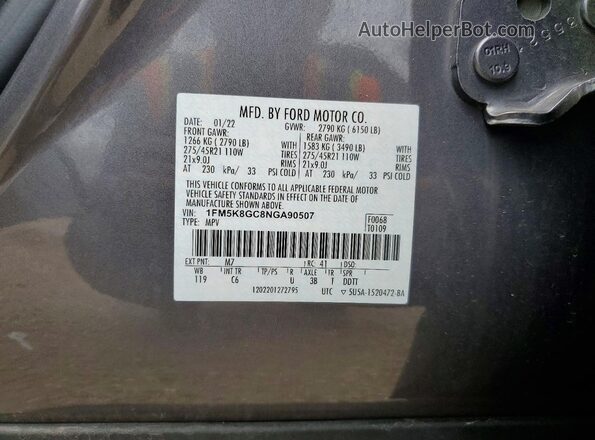 1FM5K8GC8NGA90507 2022 FORD EXPLORER Gray VIN კოდის სტიკერის ხედი