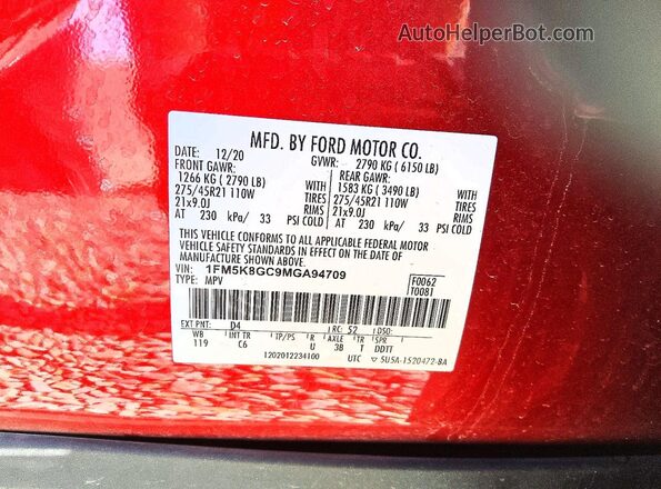 1FM5K8GC9MGA94709 2021 FORD EXPLORER Red VIN კოდის სტიკერის ხედი