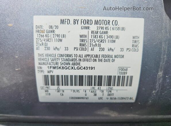 1FM5K8GCXLGC43191 2020 FORD EXPLORER Silver VIN კოდის სტიკერის ხედი