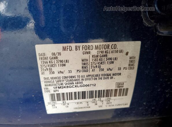 1FM5K8GCXLGD06712 2020 FORD EXPLORER Blue VIN կոդի պիտակի տեսք