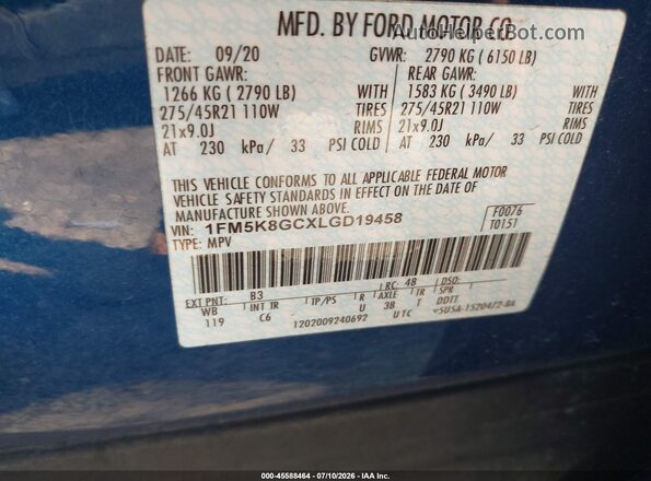 1FM5K8GCXLGD19458 2020 FORD EXPLORER Blue Շարժիչի բաժամունքի տեսք