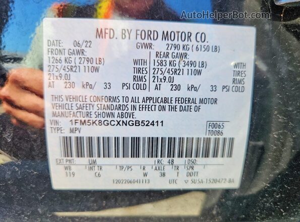 1FM5K8GCXNGB52411 2022 FORD EXPLORER Black Vista de la etiqueta del VIN