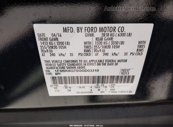 1FM5K8GT0GGD03310 2016 FORD EXPLORER Black Вид підкапотного простору