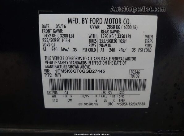 1FM5K8GT0GGD27445 2016 FORD EXPLORER Черный Вид подкапотного пространства