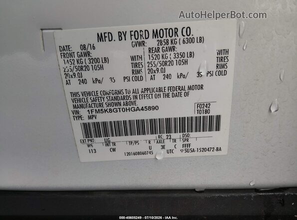1FM5K8GT0HGA45890 2017 FORD EXPLORER Белый Вид подкапотного пространства