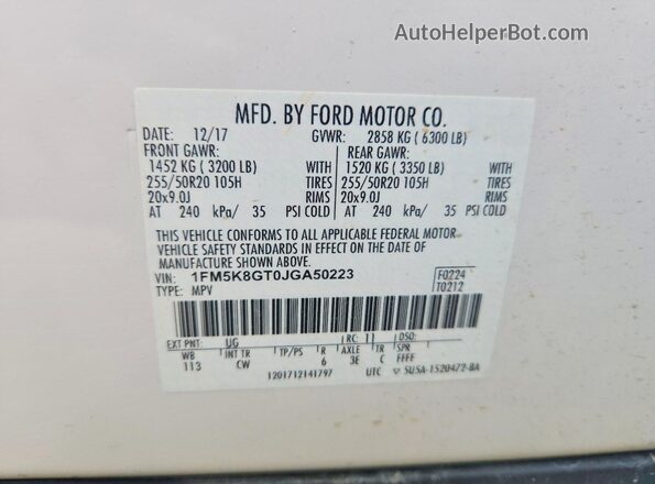 1FM5K8GT0JGA50223 2018 FORD EXPLORER White Widok naklejki z numerem VIN