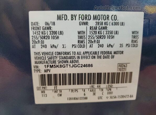 1FM5K8GT1JGC24686 2018 FORD EXPLORER Синий Вид наклейки с VIN-кодом