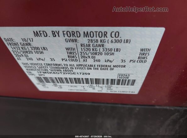 1FM5K8GT2HGE17259 2017 FORD EXPLORER Red Engine compartment view