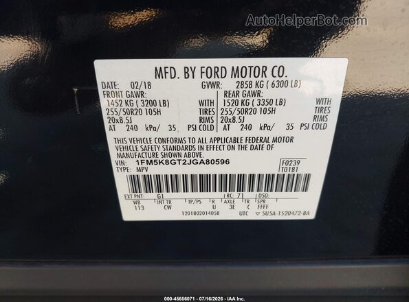 1FM5K8GT2JGA80596 2018 FORD EXPLORER Black Vista del compartimento del motor