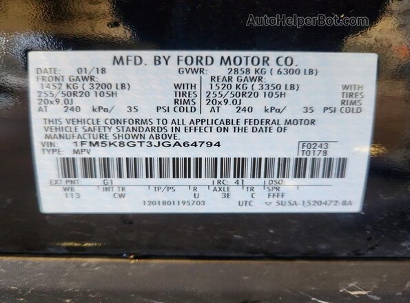 1FM5K8GT3JGA64794 2018 FORD EXPLORER Black 360 interior view
