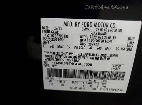 1FM5K8GT4GGA03608 2016 FORD EXPLORER Черный Вид наклейки с VIN-кодом