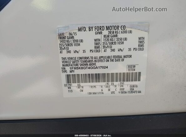 1FM5K8GT4GGA17024 2016 FORD EXPLORER White Вид підкапотного простору