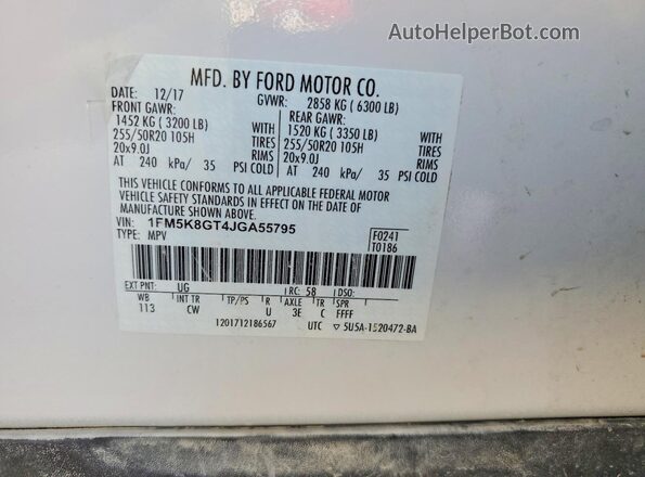 1FM5K8GT4JGA55795 2018 FORD EXPLORER Белый Вид наклейки с VIN-кодом