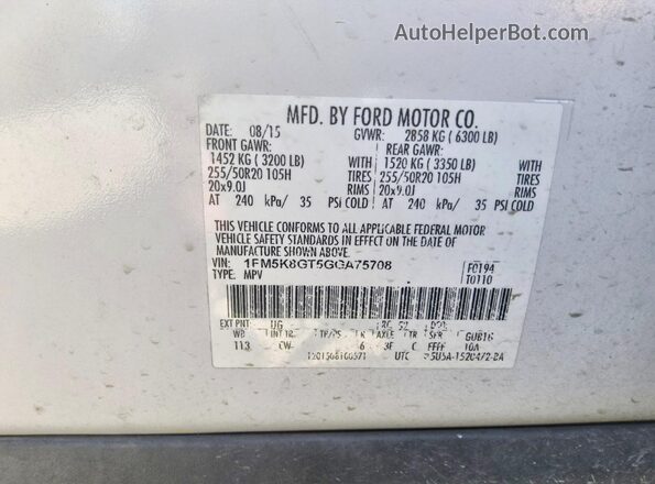 1FM5K8GT5GGA75708 2016 FORD EXPLORER White Вид спереду