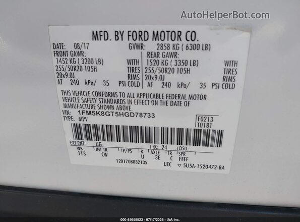 1FM5K8GT5HGD78733 2017 FORD EXPLORER White Widok komory silnika