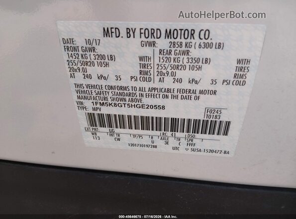 1FM5K8GT5HGE20558 2017 FORD EXPLORER White Engine compartment view