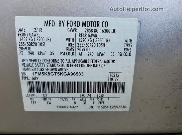 1FM5K8GT5KGA96583 2019 FORD EXPLORER Silver Սալոնի 360 աստիճան տեսք