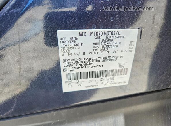 1FM5K8GT6HGA43271 2017 FORD EXPLORER Black VIN კოდის სტიკერის ხედი