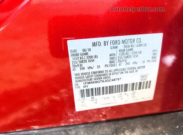 1FM5K8GT6JGC48787 2018 FORD EXPLORER Red Widok naklejki z numerem VIN