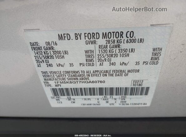 1FM5K8GT7HGA60760 2017 FORD EXPLORER Silver Вид підкапотного простору