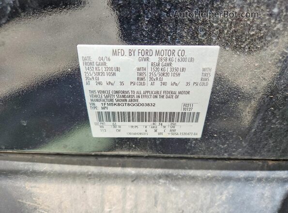 1FM5K8GT8GGD03832 2016 FORD EXPLORER Black VIN sticker view