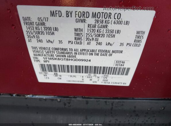 1FM5K8GT8HGD09924 2017 FORD EXPLORER Red Widok komory silnika