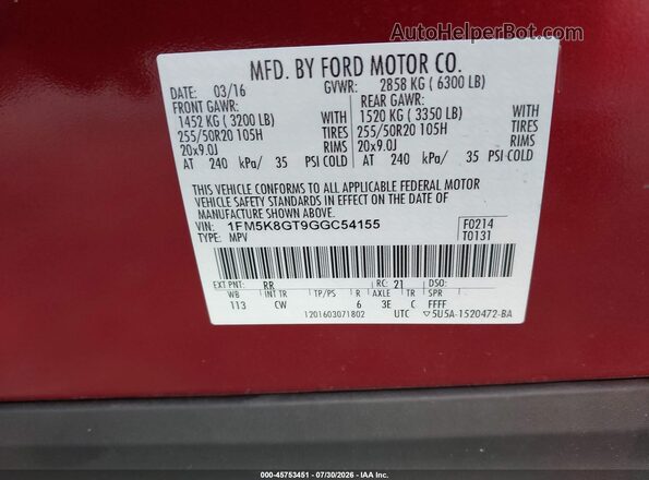 1FM5K8GT9GGC54155 2016 FORD EXPLORER Maroon Вид підкапотного простору