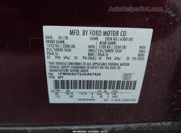 1FM5K8GT9JGA67926 2018 FORD EXPLORER Maroon Вид підкапотного простору