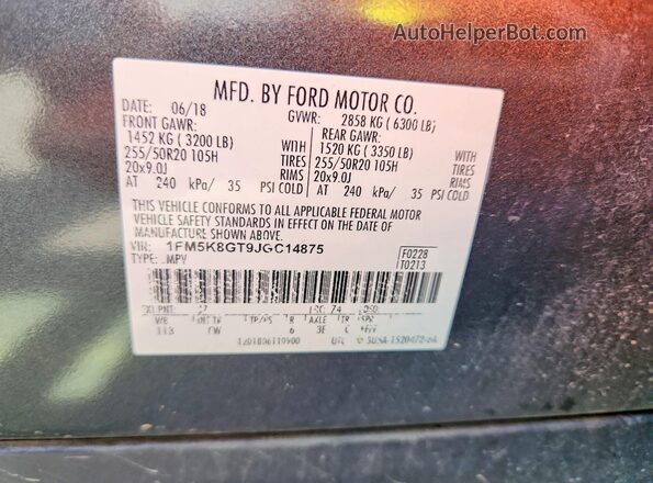 1FM5K8GT9JGC14875 2018 FORD EXPLORER Charcoal Շարժիչի բաժամունքի տեսք