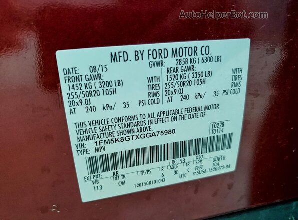 1FM5K8GTXGGA75980 2016 FORD EXPLORER Red VIN կոդի պիտակի տեսք