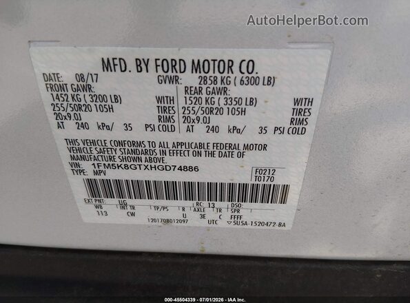 1FM5K8GTXHGD74886 2017 FORD EXPLORER White Widok komory silnika