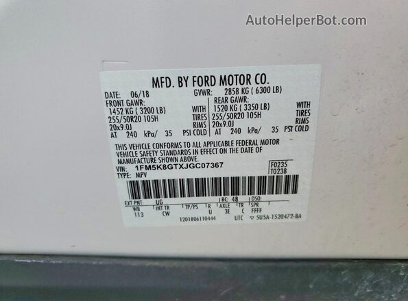 1FM5K8GTXJGC07367 2018 FORD EXPLORER White Вид наклейки з VIN-кодом