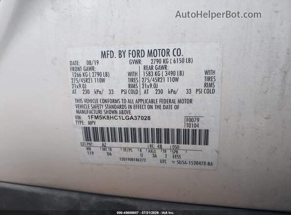 1FM5K8HC1LGA37028 2020 FORD EXPLORER Белый Вид подкапотного пространства