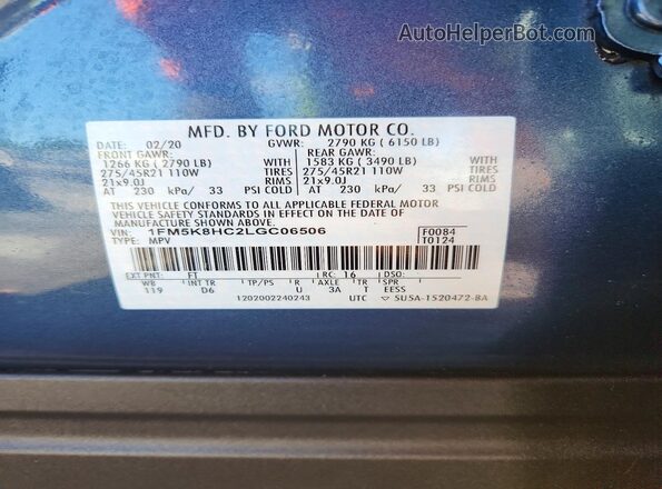 1FM5K8HC2LGC06506 2020 FORD EXPLORER Blue ძრავის განყოფილების ხედი