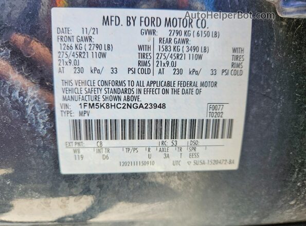 1FM5K8HC2NGA23948 2022 FORD EXPLORER Charcoal VIN sticker view