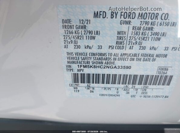 1FM5K8HC2NGA33590 2022 FORD EXPLORER White Вид підкапотного простору