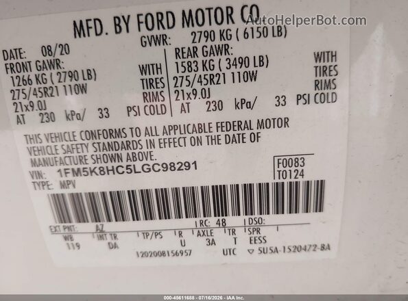 1FM5K8HC5LGC98291 2020 FORD EXPLORER Белый Вид подкапотного пространства