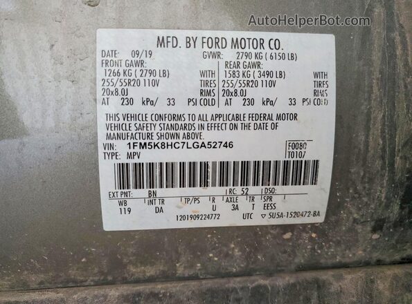 1FM5K8HC7LGA52746 2020 FORD EXPLORER Gray Widok naklejki z numerem VIN