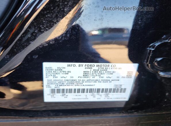 1FM5K8HC9RGA59867 2024 FORD EXPLORER Black VIN კოდის სტიკერის ხედი